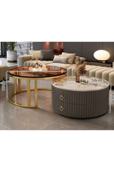 Kardett Set of 2 Tables, Round Living Room Tables 70/50cm, luxury, tables with glass top and marble design