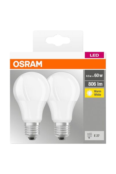 Osram Set 2 becuri LED cu soclu clasic A60, E27, 8.5W (60W), 806 lm, lumină caldă (2700K), clasă energetică F