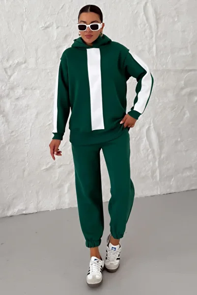 MODAGEN Women's Nefti Green Hooded Sleeve and Chest Thick Striped Bottom-Top Tracksuit Set