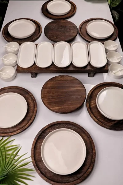 Atbyhome Bambum Pavlonya Velvet Natural Wood and Ceramic 32 Piece Breakfast Presentation Set Breakfast Set Breakfast