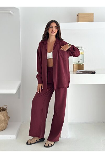 b buhari bykoc Wide Leg Strawberry Fabric Shirt Suit with Elastic Waist