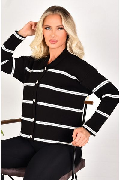 ASEZ BUTİK Black and White Striped Buttoned Knitwear Cardigan - Women's Long Sleeve Cardigan