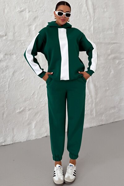 MODAGEN Women's Nefti Green Hooded Sleeve and Chest Thick Striped Bottom-Top Tracksuit Set