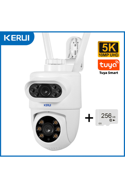 Kerui كاميرا خارجية 5K 5K HD 10MP 5K مع بطاقة 256 جيجابايت مزودة بعدسة مزدوجة وواي فاي IP Tuya Smart PTZ لاسلكية