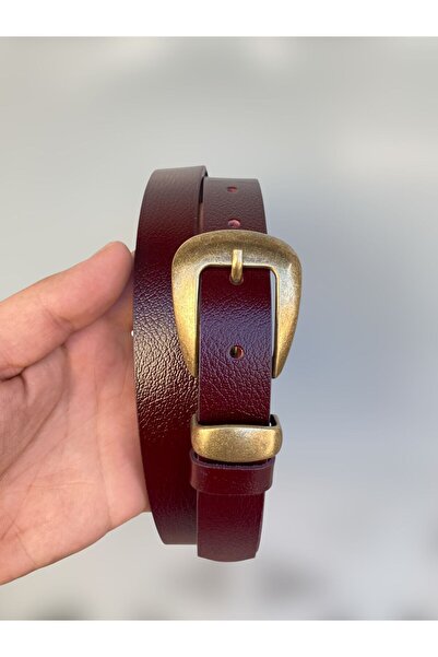 Kemerix 100% Genuine Leather Antique Plated Buckle Burgundy Women's Belt 2.5 cm