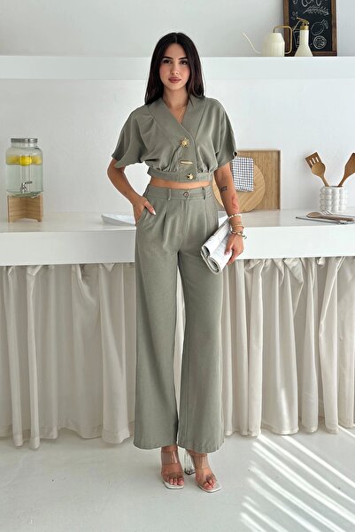 AsprinFashion Διπλό κοστούμι με λεπτομέρεια με κουμπιά χακί