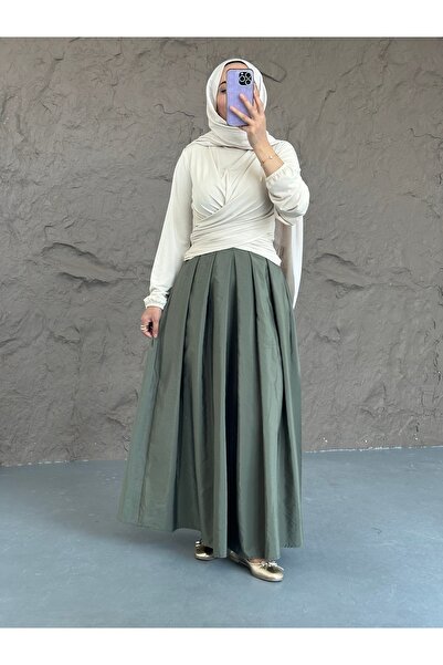 She Olive High Waist Hijab Compatible Pleated Long Skirt