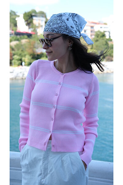 Butik Una Fiaba-Pembe Rengi Kadın Bisiklet Yaka Çizgili Düğme Detaylı Triko Hırka