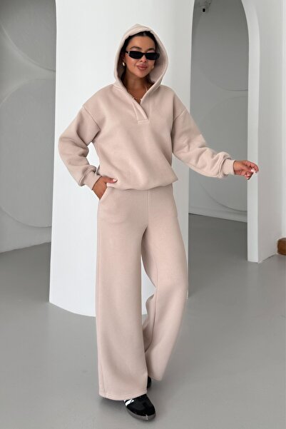 MODAGEN Set de trening pentru femei, bej, cu decolteu în V, cu glugă