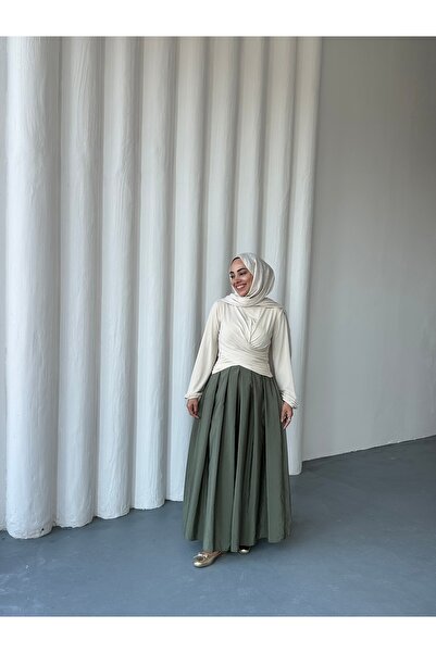 She Olive High Waist Hijab Compatible Pleated Long Skirt