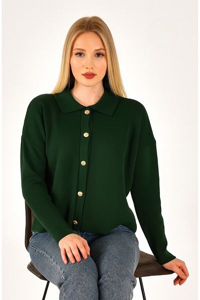 ASEZ BUTİK Women's Polo Neck Buttoned Knitwear Cardigan - Green