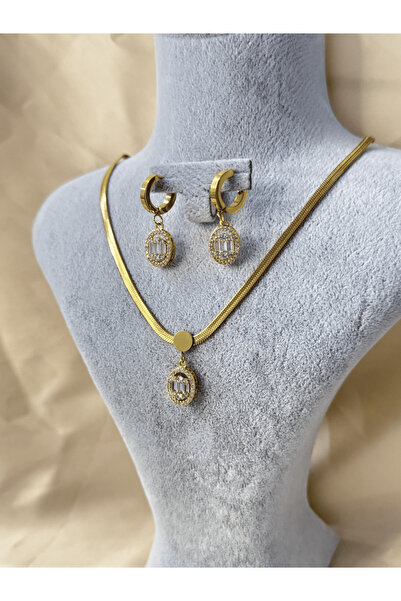 SİRİUS JEWELRYS Yuvarlak Gold Kolye & Küpe Baget Çelik Set