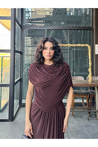 LOCH BUTİK Women's Brown Gathered Draped Maxi Dress