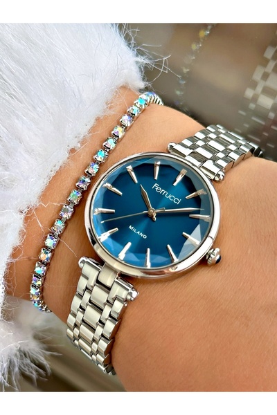 Ferrucci MAVİ KADRANLI GÜMÜŞ METAL KADIN KOL SAATİ