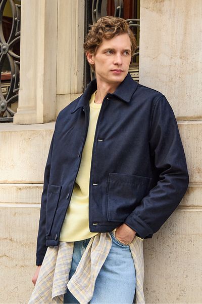 Danger Men's Suede Quilted Coat Jacket Navy Blue