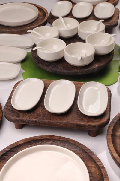 Atbyhome Bambum Pavlonya Shine Natural Wood and Ceramic 39 Piece Breakfast Presentation Set Breakfast Set Breakfast S