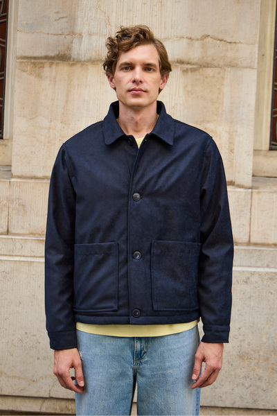 Danger Men's Suede Quilted Coat Jacket Navy Blue