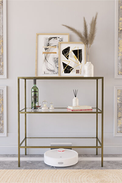 Dekoport Metal Dresuar Kahve Köşesi Prinç Eskitme Rengi Metal, Temperli Kırılmaz Şeffaf Cam