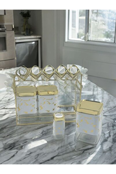 drobina White glass and marble salt shaker and spice jar set with gold-colored lids and decoration, 8 pieces, with a metal stand