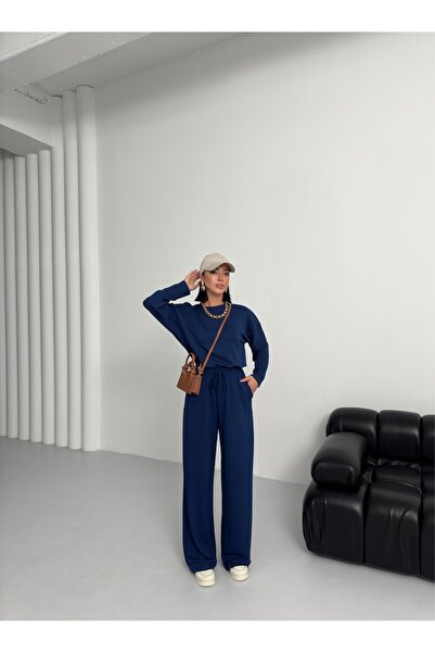 BEJNA Marineblaues Modal-Sportset mit langen Ärmeln und weichem Griff für Damen