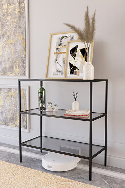 Dekoport Metal Dresuar Kahve Köşesi Siyah Metal, Temperli Kırılmaz Füme Cam