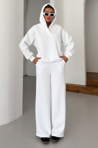 MODAGEN Women's White V-Neck Hooded Sweatshirt Bottom-Top Tracksuit Set