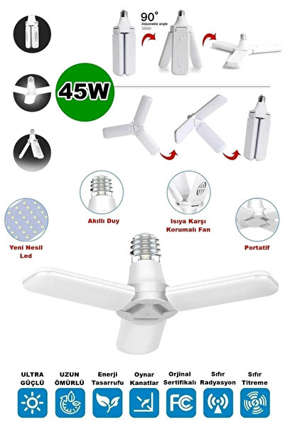 Ulgun Power Işık Pervane Ampul 45 W 3 Kollu Katlanır Pervane Led Ampul Tasarr...