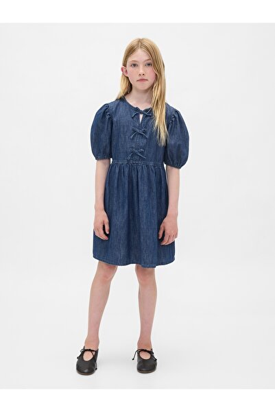GAP Kız Çocuk Mavi Denim Puff-Sleeve Elbise