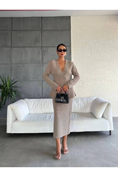 Lusin Γυναικείο πέτρινο πλεκτό μπουφάν Φούστα Χοντρό κάτω επάνω Premium Σετ π...