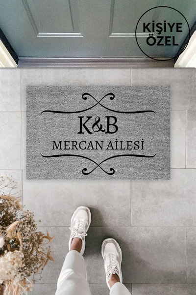 Dormot Modern Dijital Baskı Kişiye Özel Gri Baş Harf Ve Soyisimli Hoş geldiniz Kapı Önü Paspas 70x45cm