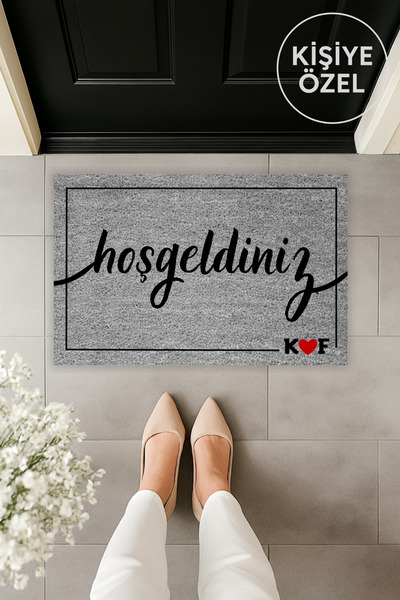 Dormot Modern Dijital Baskı Gri Kişiye Özel Baş Harf, Hoş geldiniz Kapı Önü Paspas 70x45cm