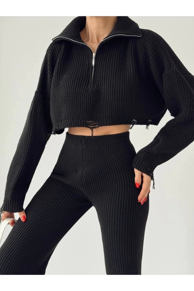 Lusin Fekete Crop pulóver és nadrág szett - félcipzáras, állógallér, vastag kötöttáru