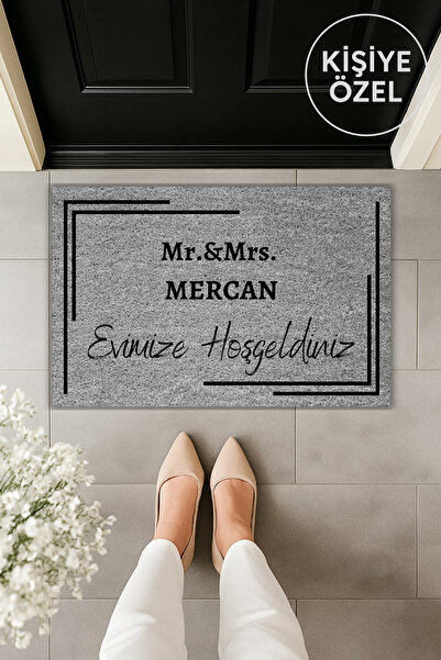 Dormot Modern Dijital Baskı Kişiye Özel Gri Soyisimli Kapı Önü Paspas 70x45cm