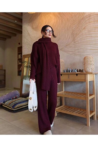 URİS المرأة بورجوندي وشاح الشعر مضفر السراويل البلوز وشاح مجموعة من 3