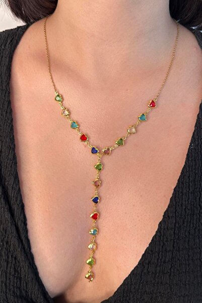 TAKIŞTIR Gold Color Heart Figured Steel Y Necklace