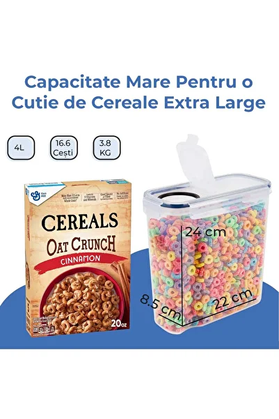Elindor Set de 4 recipiente pentru cereale, 4L, etanșe, fără BPA, etichete reutilizabile, transparente