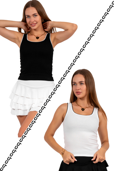 Oq 2-Piece Black/White Embroidery Detail 100% Cotton Thick Strap Bluz