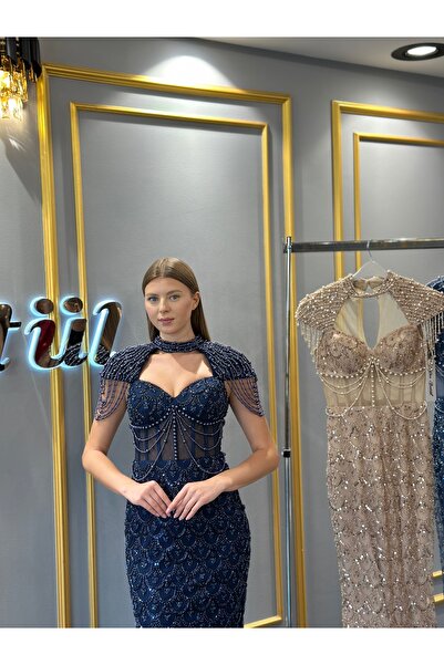 Bestway ve Diğeri Lacivert Full Dantel Boncuklu Abiye Ve Nişan Elbisesi