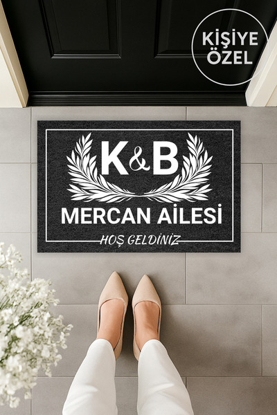 Dormot Modern Dijital Baskı Kişiye Özel Füme Baş Harf Ve Soyisimli Hoş geldiniz Kapı Önü Paspas 70x45cm