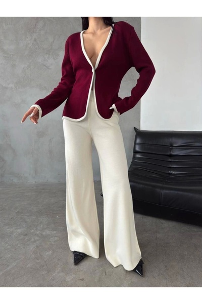 URİS المرأة بورجوندي تريكو سترة سترة السراويل أسفل أعلى زوجين تريكو البدلة