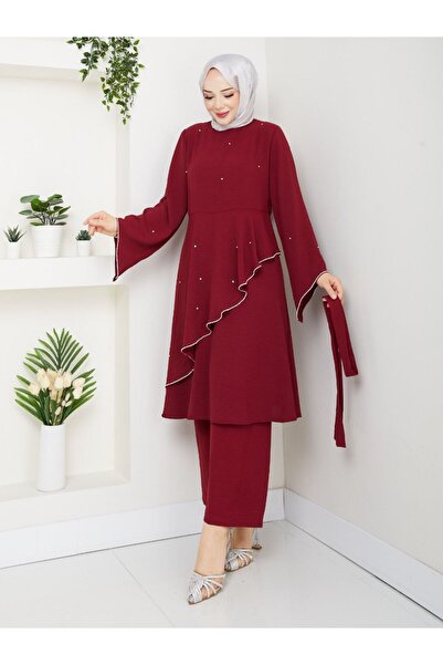 Monchoix KOPYA - Kadın Taş Detaylı Çapraz Döküm Detaylı Büyük Beden Ayrobin Kumaş İkili takım