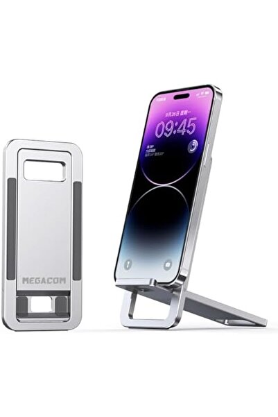 MEGACOM Foldable Aluminum Adjustable Cell Phone Stand, Thin Portable Travel Desk Holder (Silver)