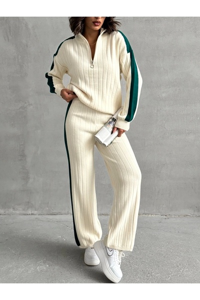 URİS Set de tricotaje din două piese pentru femei, cu dungi elegante, pulover ecru, pantaloni Palazzo