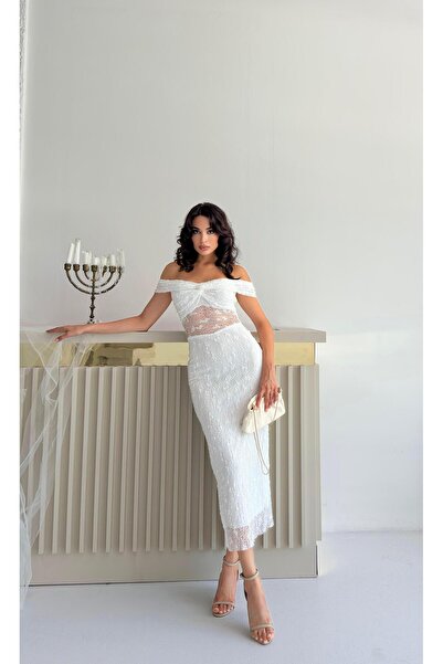 Serica Moda Ecru Lace Dress with Knot Detail and Lining