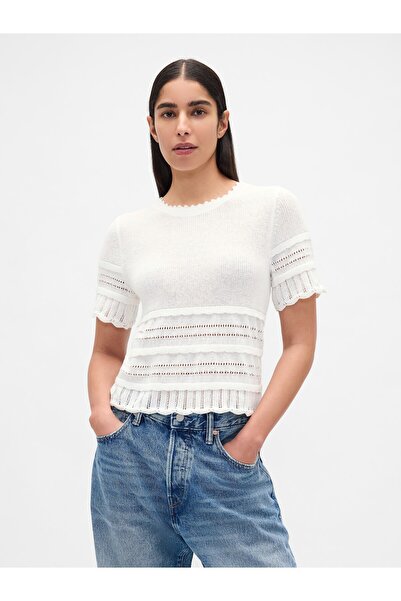 GAP Kadın Beyaz Linen-Blend Pointelle Crop Kazak