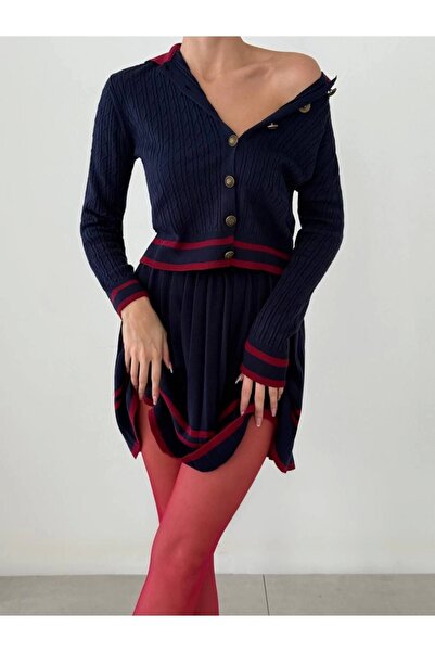 URİS Set de tricotaje dublu pentru femei, cu guler polo, elegant, pulover, fustă - violet