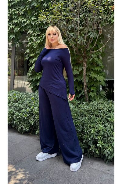LİKRA Women's Plus Size Degaje Collar Asymmetric Slit Flexible Viscose Suit