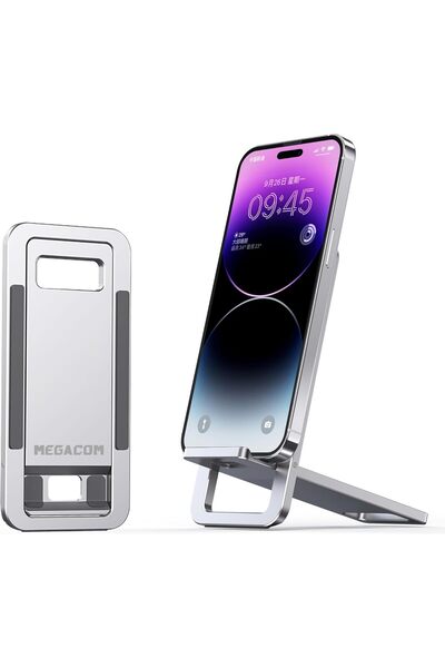 MEGACOM Foldable Aluminum Adjustable Cell Phone Stand, Thin Portable Travel Desk Holder (Silver)