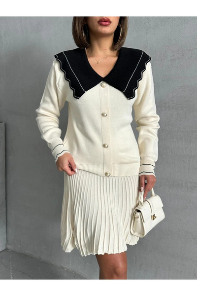 URİS Set de două piese pentru femei, ecru, elegant, cu rever, cardigan, bluză...