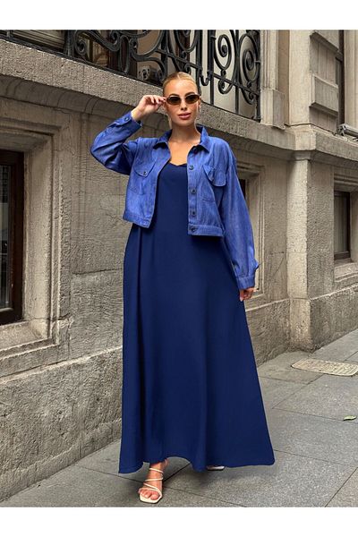 AGORATEKSTİL Women's Embroidered Denim Jacket and Suspended Viscose Fabric Dress 2 Piece Set